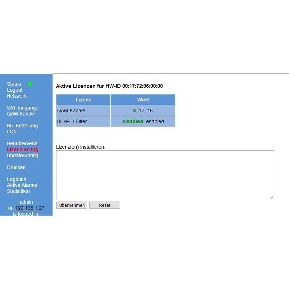 Astro Bit QAM BOX Lizenz Service Filter 00380049 Typ QAM BOX LIZENZ