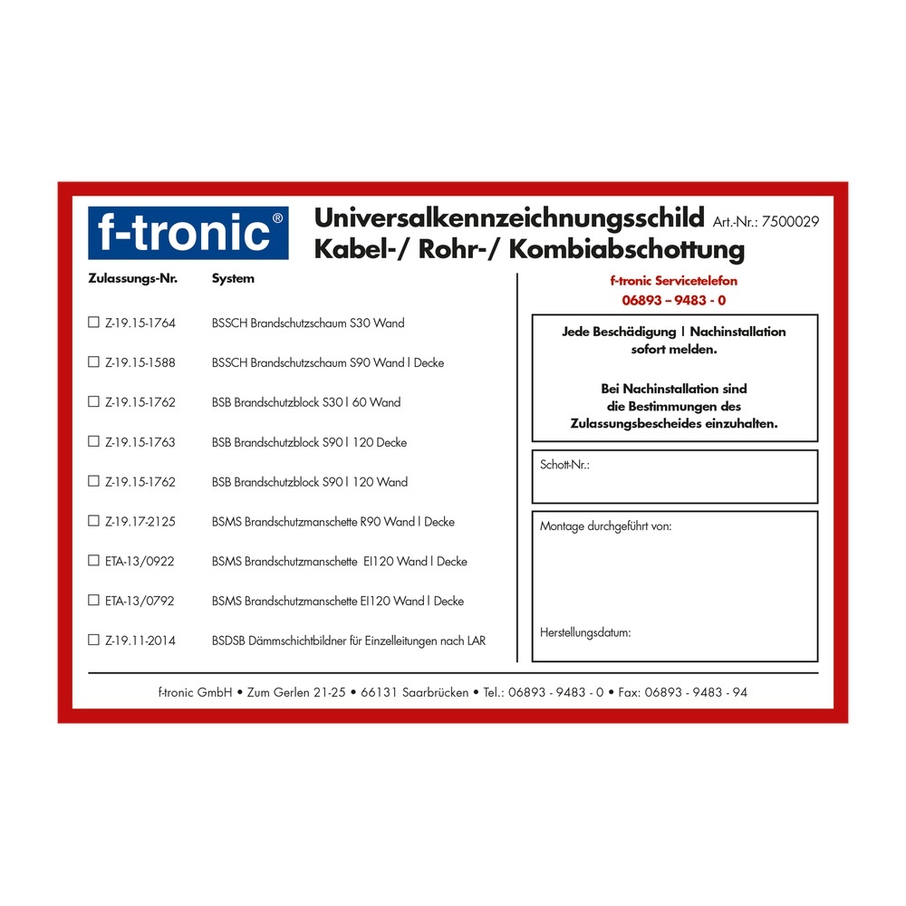 f-tronic Kennzeichnungsschild BSKS Nr. 7500029